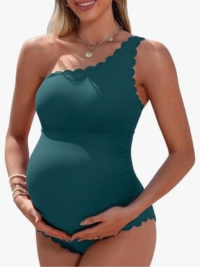 Teal One-Shoulder Scalloped One-Piece Maternity Swimsuit